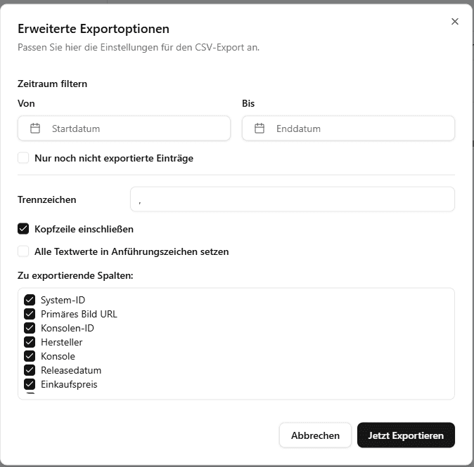 Resell Scan advanced CSV export options dialog