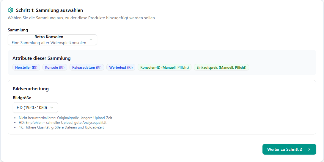 Resell Scan step 1: select Collection with Attributes and image size