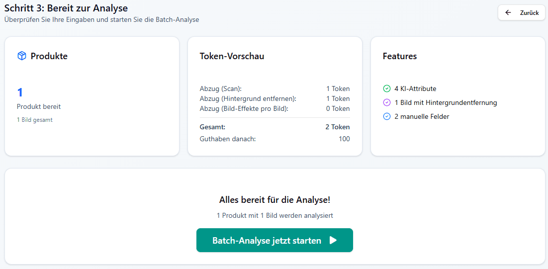 Resell Scan batch overview with token preview and enabled features