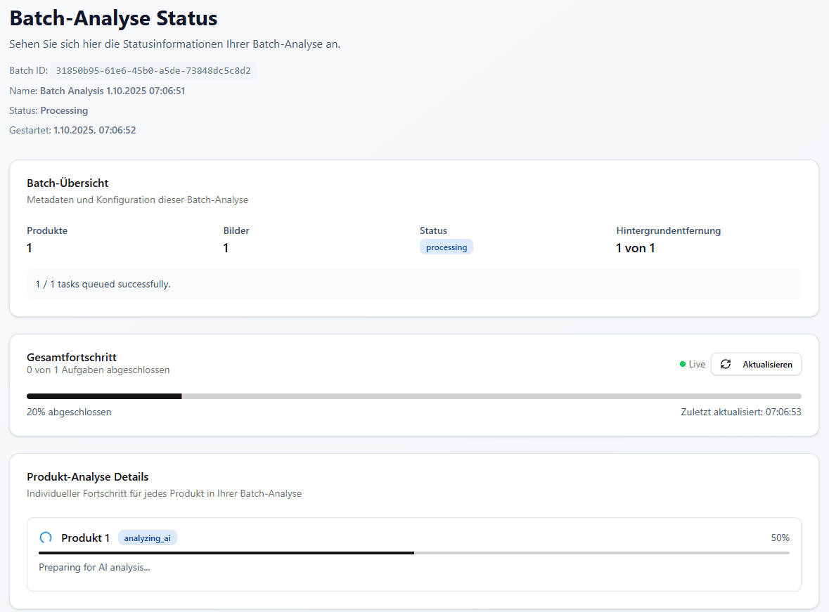 Resell Scan batch status with overall progress and Product analysis details