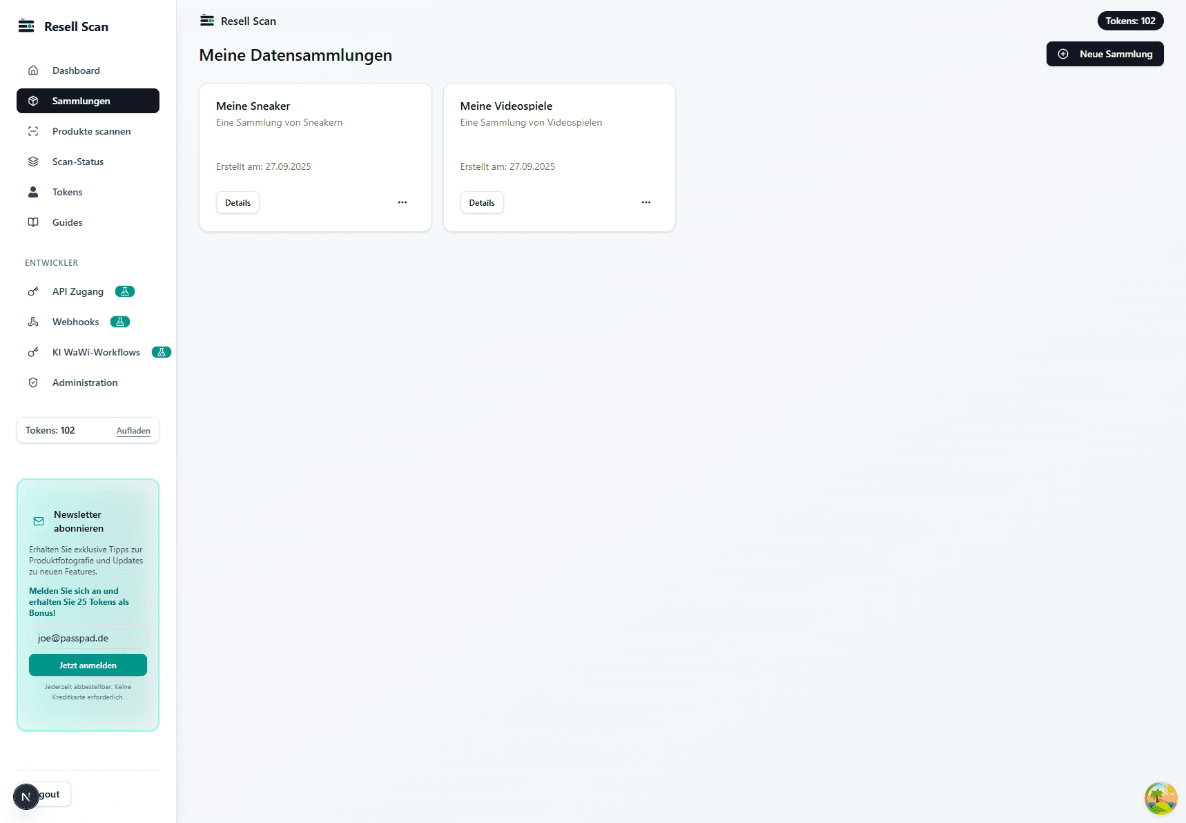 Resell Scan dashboard with Collections open