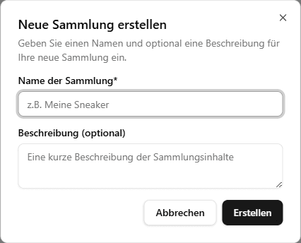Create New Collection dialog with name and description
